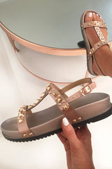 Rose Gold Studded T Bar Strap sandals - Jolisa-Sandals
