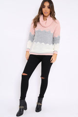 Rose Grey and White ZigZag Patterned Roll Neck Jumper - Nataley-Jumper