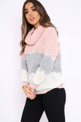 Rose Grey and White ZigZag Patterned Roll Neck Jumper - Nataley-Jumper