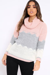 Rose Grey and White ZigZag Patterned Roll Neck Jumper - Nataley-Jumper