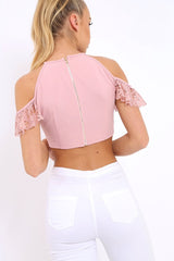 Rose Halter Neck Frill Cold Shoulder Crop Top - Carlie-Crop Tops