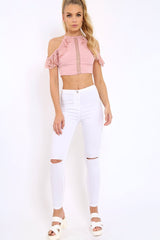 Rose Halter Neck Frill Cold Shoulder Crop Top - Carlie-Crop Tops