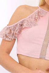 Rose Halter Neck Frill Cold Shoulder Crop Top - Carlie-Crop Tops