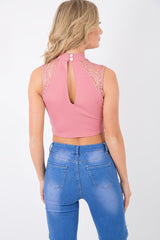 Rose High Neck Cut Out Crochet Crop Top - Una-Crop Tops