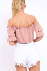Rose Hook And Eye Bardot Frill Crop Top - Reanna-Tops