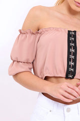 Rose Hook And Eye Bardot Frill Crop Top - Reanna-Tops
