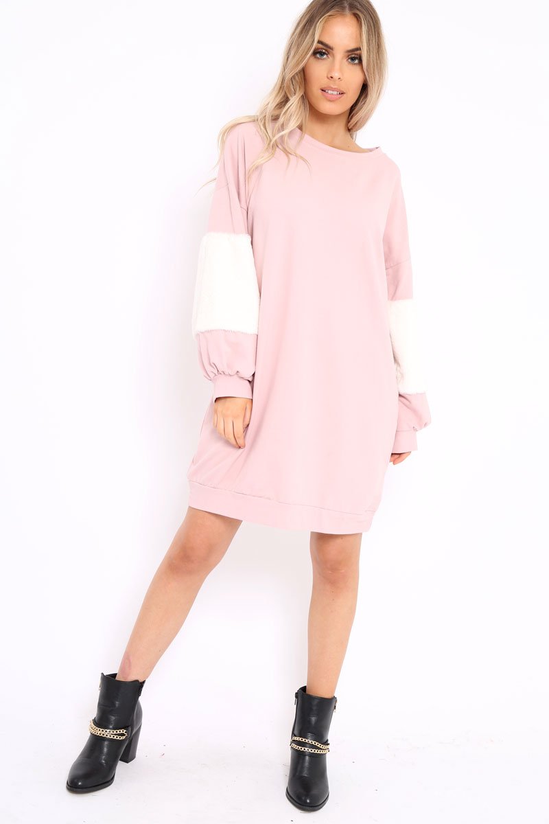 Rose Jumper Dress with Fur Sleeves - Paris-Dresses