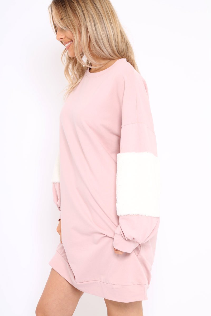 Rose Jumper Dress with Fur Sleeves - Paris-Dresses