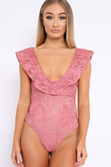 Rose Lace Plunge Frill Bodysuit - Maelani-Bodysuits