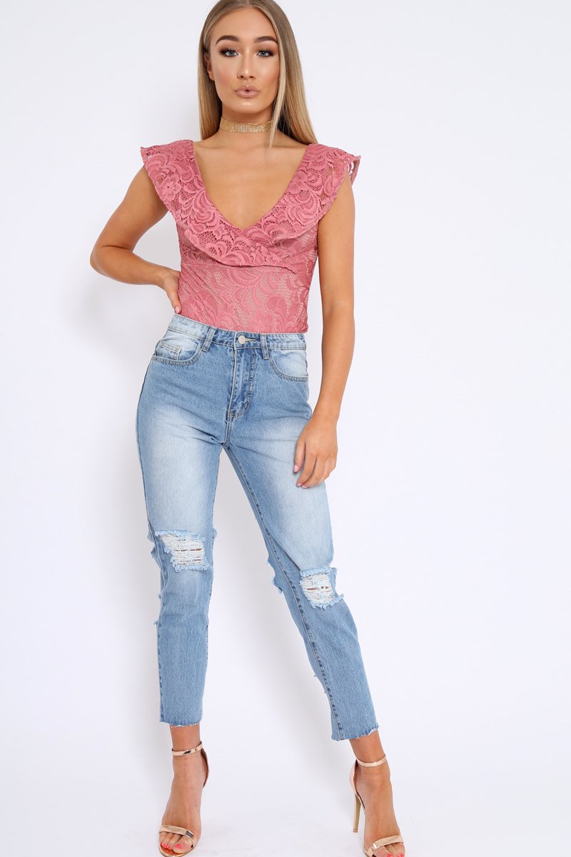 Rose Lace Plunge Frill Bodysuit - Maelani-Bodysuits