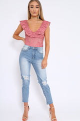 Rose Lace Plunge Frill Bodysuit - Maelani-Bodysuits