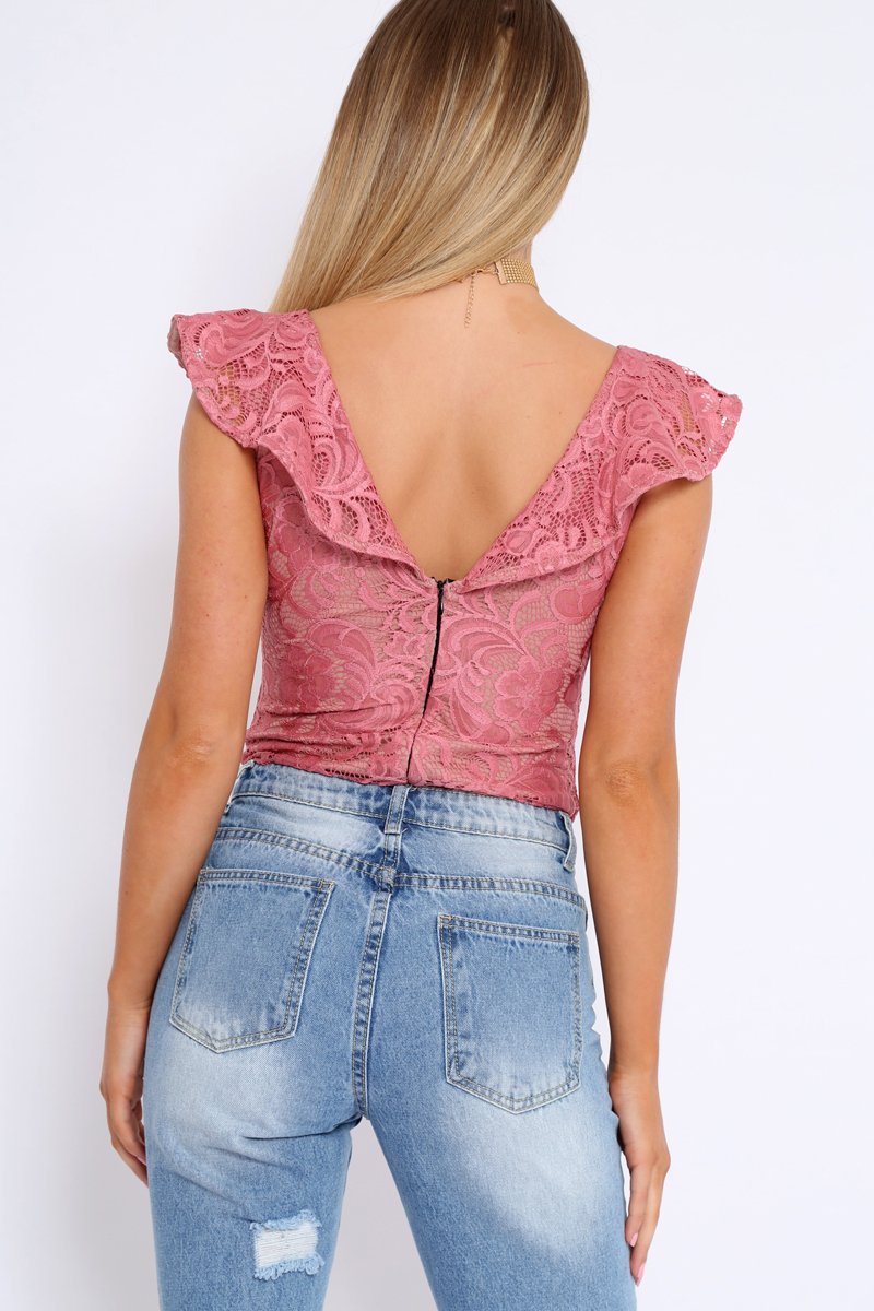 Rose Lace Plunge Frill Bodysuit - Maelani-Bodysuits