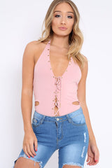 Rose Lace Up Front And Cut Out Side Bodysuit - Jaslin-Bodysuits