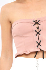 Rose Lace Up Front Frill Bandeau Crop Top - Cyndi-Crop Tops