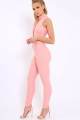 Rose Lace Up Plunge Choker Neck Jumpsuit - Lissy-Jumpsuits