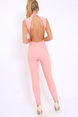 Rose Lace Up Plunge Choker Neck Jumpsuit - Lissy-Jumpsuits