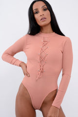 Rose Lace Up Ribbed Bodysuit - Jasmina-Bodysuits