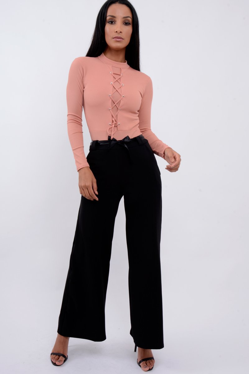 Rose Lace Up Ribbed Bodysuit - Jasmina-Bodysuits