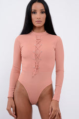 Rose Lace Up Ribbed Bodysuit - Jasmina-Bodysuits