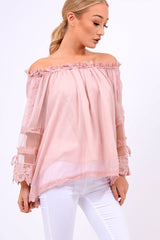 Rose Mesh Bardot Top - Keelie-Tops