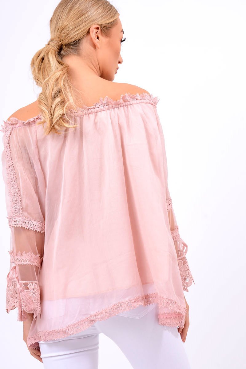 Rose Mesh Bardot Top - Keelie-Tops
