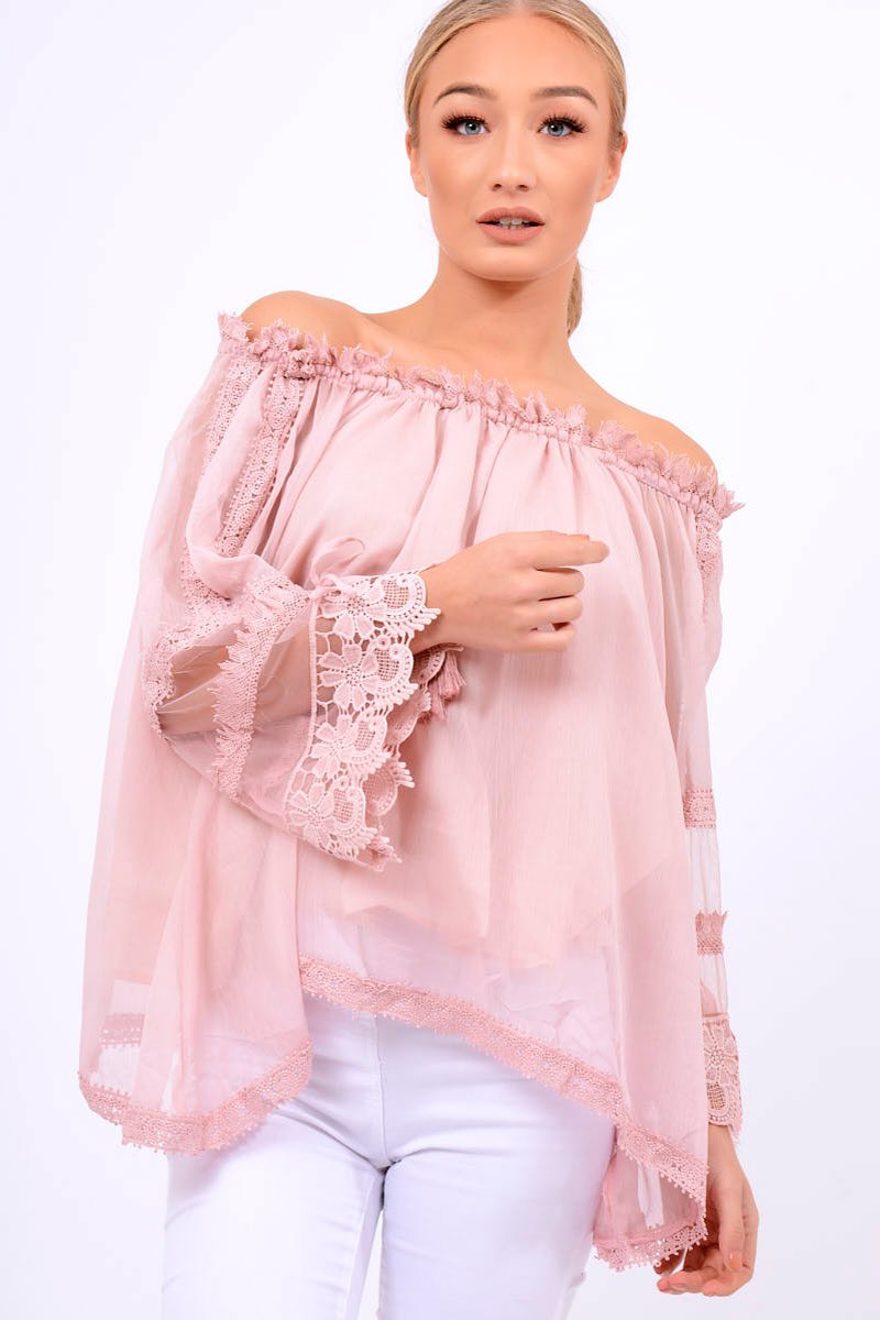Rose Mesh Bardot Top - Keelie-Tops