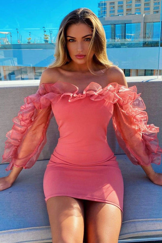 Rose Mesh Frill Neck Bardot Mini Bodycon Dress - Ellarae