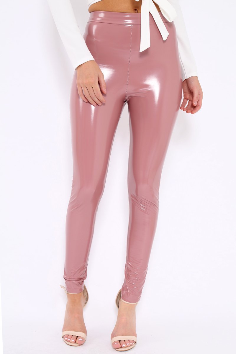 Rose Pink Shiny Vinyl PU Leggings - Rio-Trousers