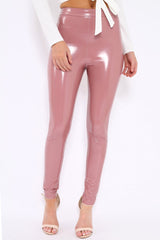 Rose Pink Shiny Vinyl PU Leggings - Rio-Trousers