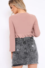 Rose Plunge Flare Sleeve Crop Top with Frill Hem - Masie-Crop Tops