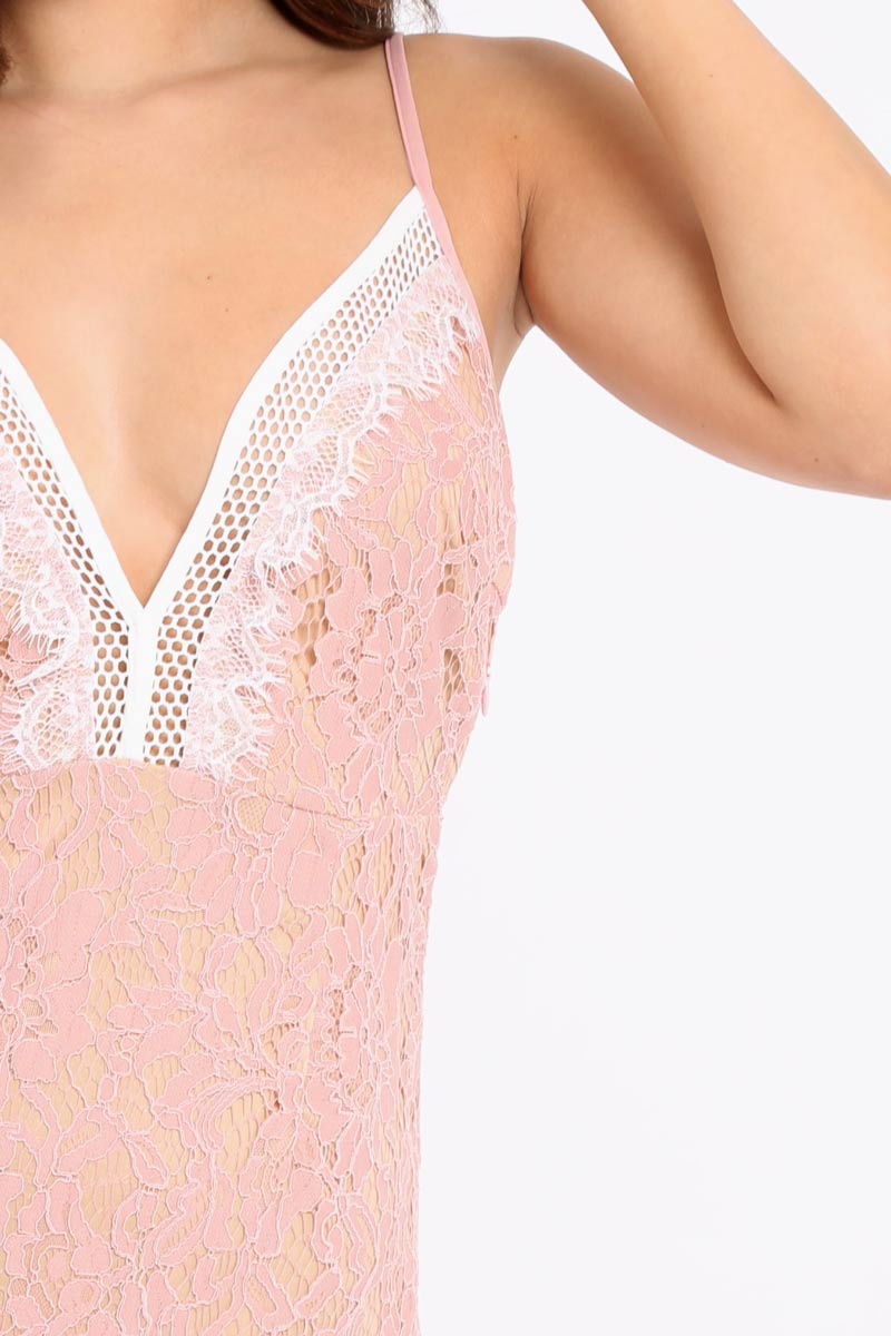 Rose Plunge Floral Lace Bodycon Mini Dress - Yaz-Dresses