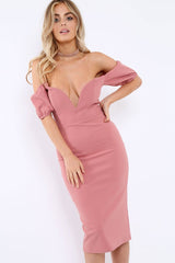 Rose Plunge V Bardot Midi Bodycon Dress - Nanda-Dresses