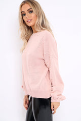 Rose Puff Sleeve Pearl Chunky Knit Jumper - Nancie-Jumper
