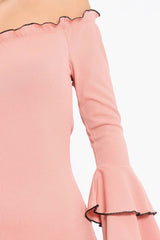 Rose Ribbed Bell Sleeve Mini Dress - Ariana-Dresses