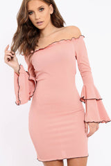 Rose Ribbed Bell Sleeve Mini Dress - Ariana-Dresses