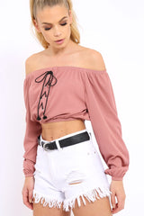 Rose Ribbed Lace Up Bardot Crop Top - Sara-Crop Tops