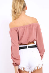 Rose Ribbed Lace Up Bardot Crop Top - Sara-Crop Tops