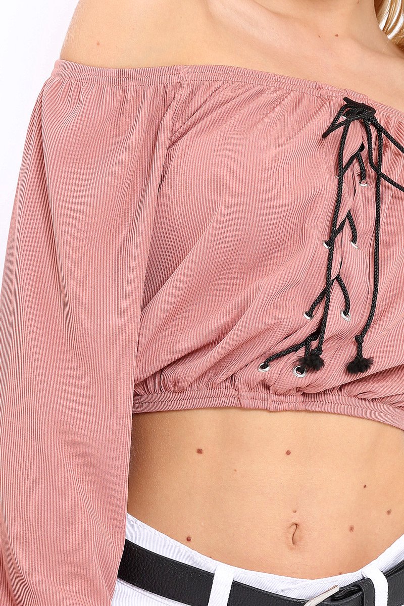 Rose Ribbed Lace Up Bardot Crop Top - Sara-Crop Tops