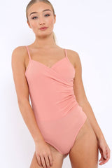 Rose Ribbed Plunge Wrap Bodysuit - Abriana-Bodysuits
