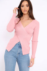 Rose Ribbed Thin Knit Wrap Top - Jordi-Tops