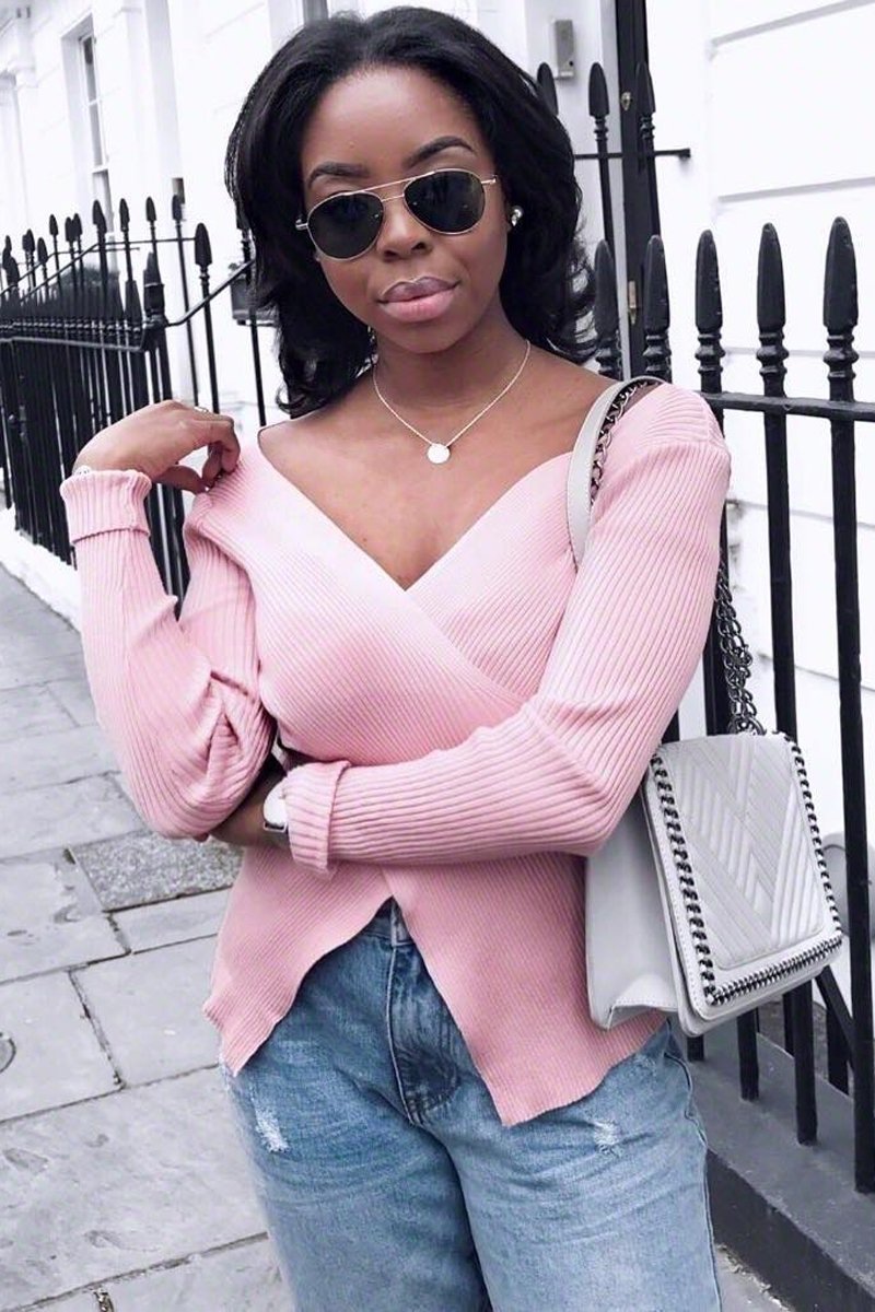 Rose Ribbed Thin Knit Wrap Top - Jordi-Tops