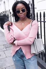 Rose Ribbed Thin Knit Wrap Top - Jordi-Tops