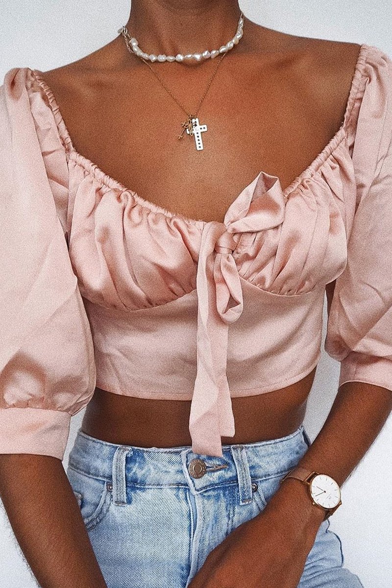 Rose Satin Tie Front Crop Top - Jasie-Crop Tops