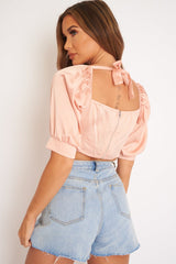 Rose Satin Tie Front Crop Top - Jasie-Crop Tops