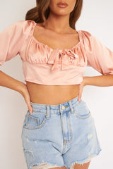 Rose Satin Tie Front Crop Top - Jasie-Crop Tops