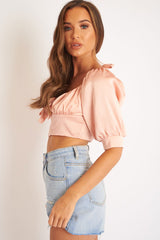 Rose Satin Tie Front Crop Top - Jasie-Crop Tops
