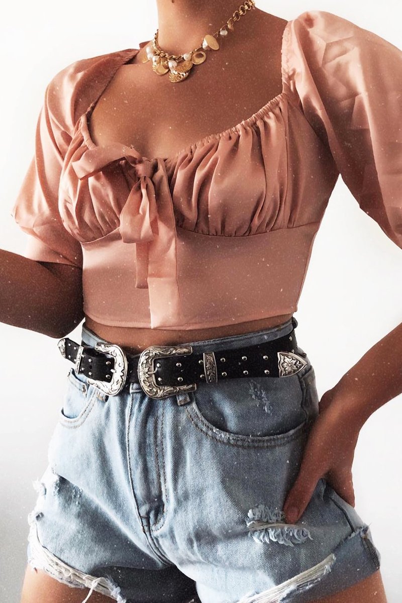 Rose Satin Tie Front Crop Top - Jasie-Crop Tops