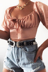 Rose Satin Tie Front Crop Top - Jasie-Crop Tops