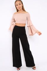 Rose Shirred Bardot Crop Top with Ruffle Sleeves - Dee-Tops