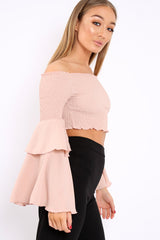 Rose Shirred Bardot Crop Top with Ruffle Sleeves - Dee-Tops